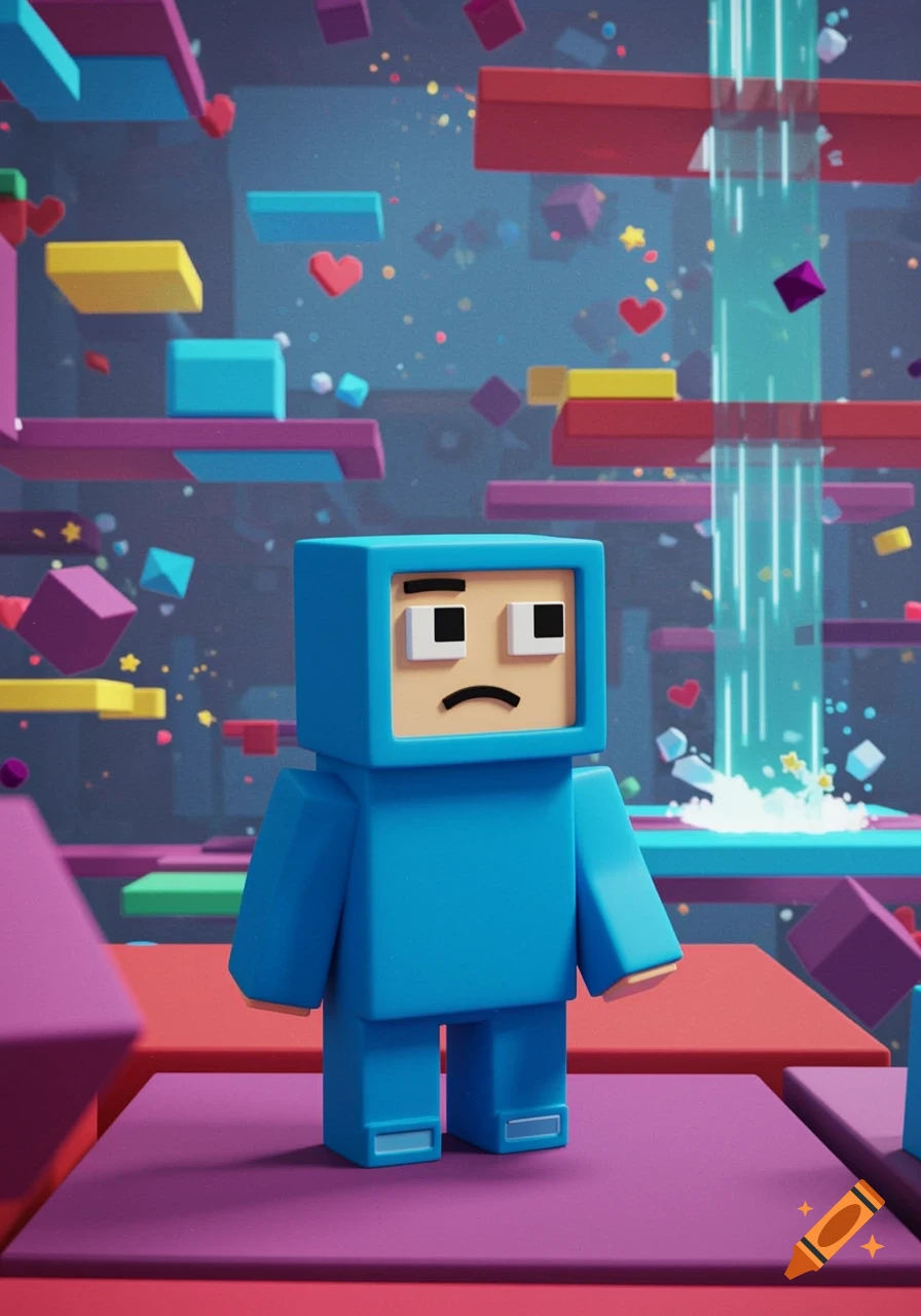 A blue blocky character with a sad expression stands on a purple platform in a colorful, floating video game world with geometric shapes.