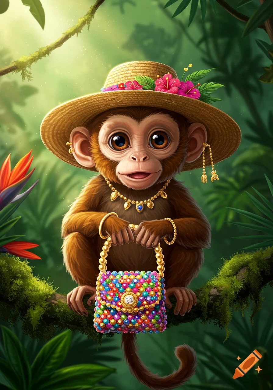 A cute cartoon baby monkey in a straw hat with flowers, gold jewelry, and a colorful beaded handbag sits on a jungle branch.
