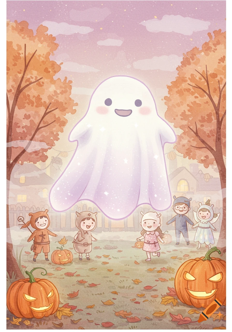 A cute watercolor illustration depicts children in Halloween costumes interacting with a friendly ghost and pumpkins in an autumn setting.