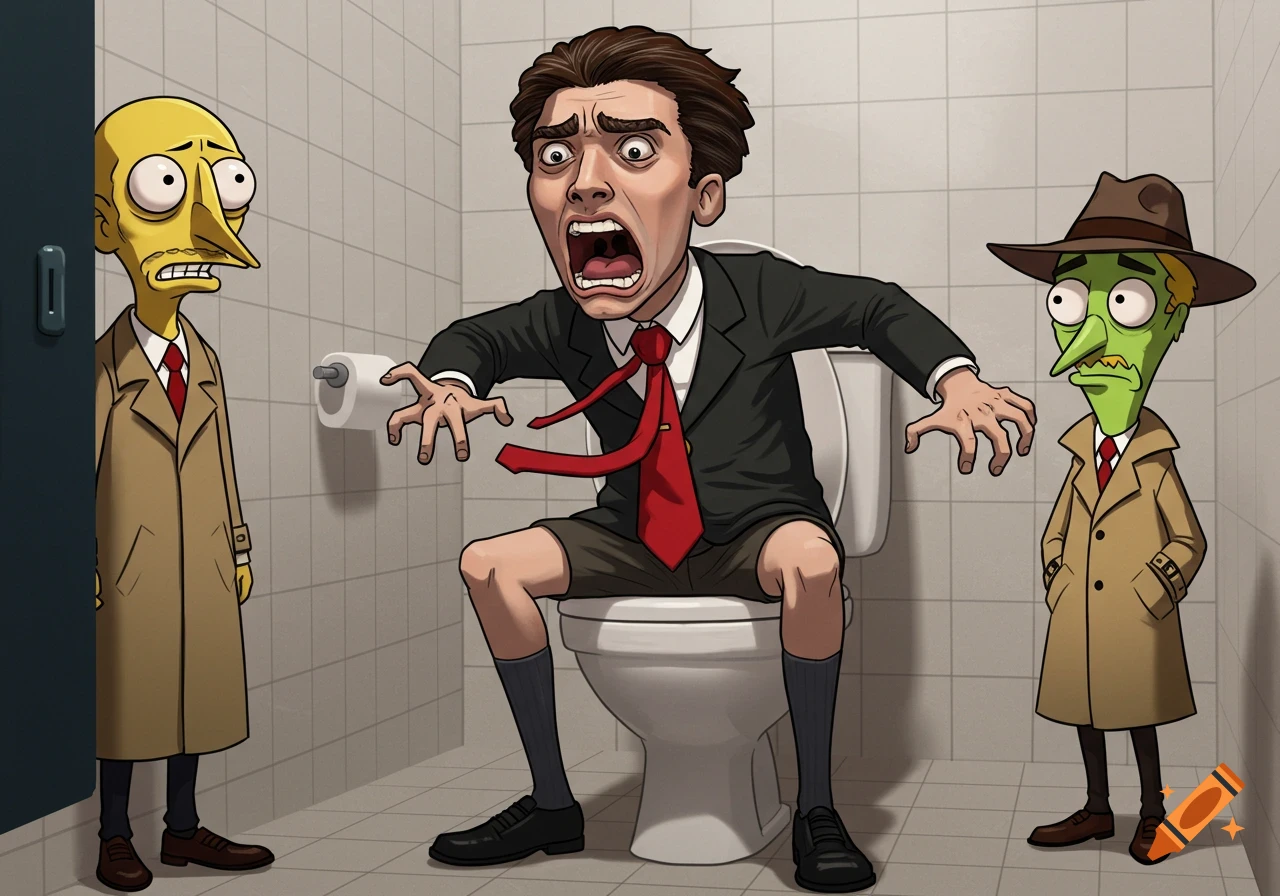 Cartoon of Nostalgia Critic screaming on a toilet while two other cartoon characters observe him in a bathroom.