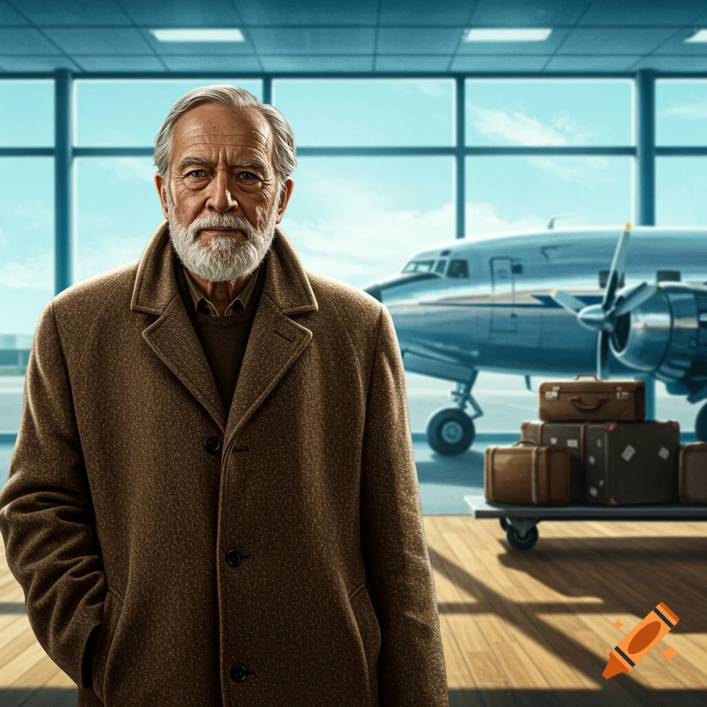 A photorealistic image of an old man in a brown coat standing in an airport terminal with a plane and luggage outside.