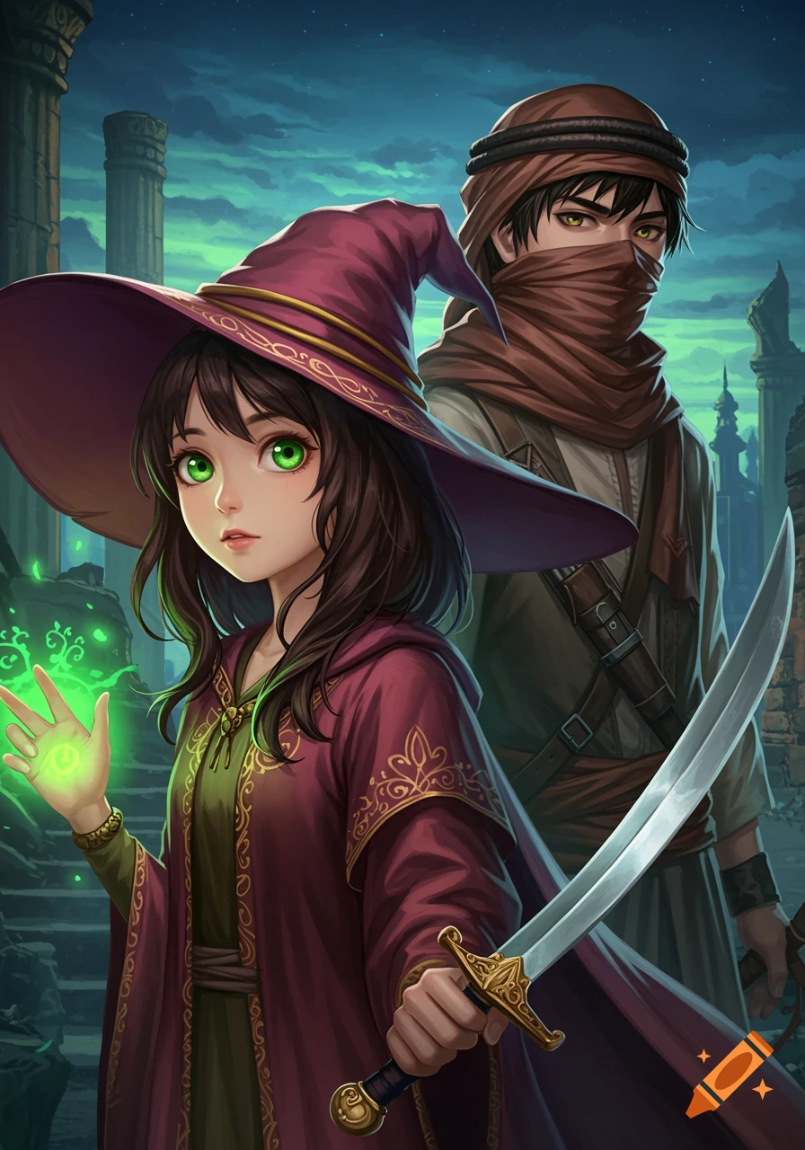 A dark-haired girl in a witch hat and robe casts green magic, holding a sword. Beside her, a man in a desert headdress and scarf covers his face, holding a sword, against a dark, ruined landscape.