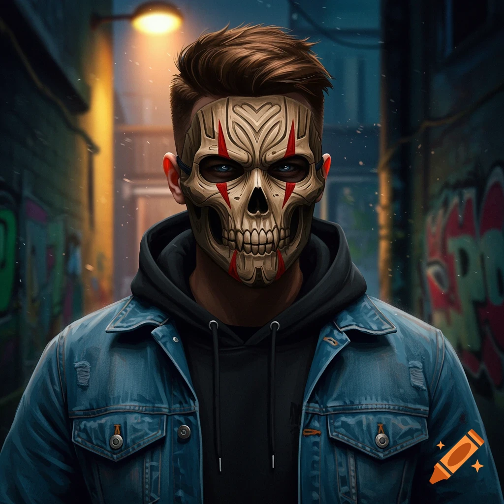 Young man in a skull mask with red markings, black hoodie, and denim jacket stands in a dimly lit alley with graffiti.