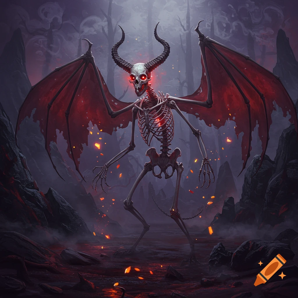 Skeletal demon with large red bat wings, glowing red eyes and heart, in a dark, fiery, ominous landscape.
