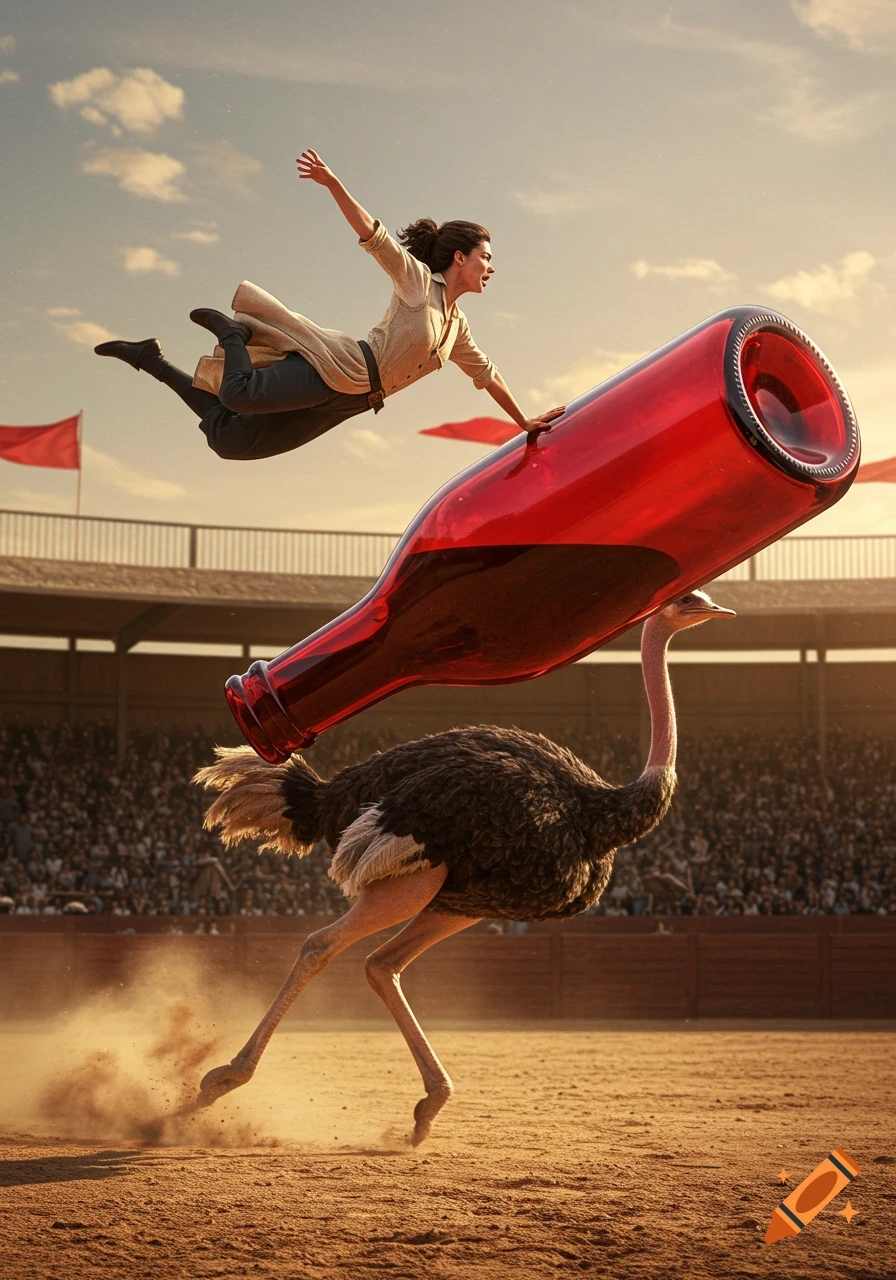 A woman jumps from a galloping ostrich in a dusty arena, holding onto a large red bottle, photorealistic.
