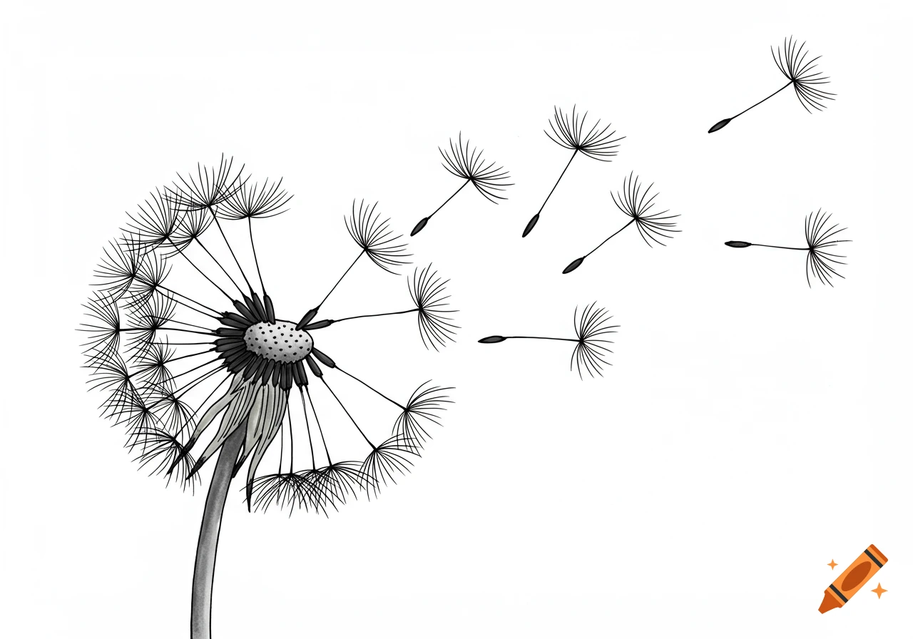 A black and white line drawing of a dandelion with its seeds blowing away in the wind.