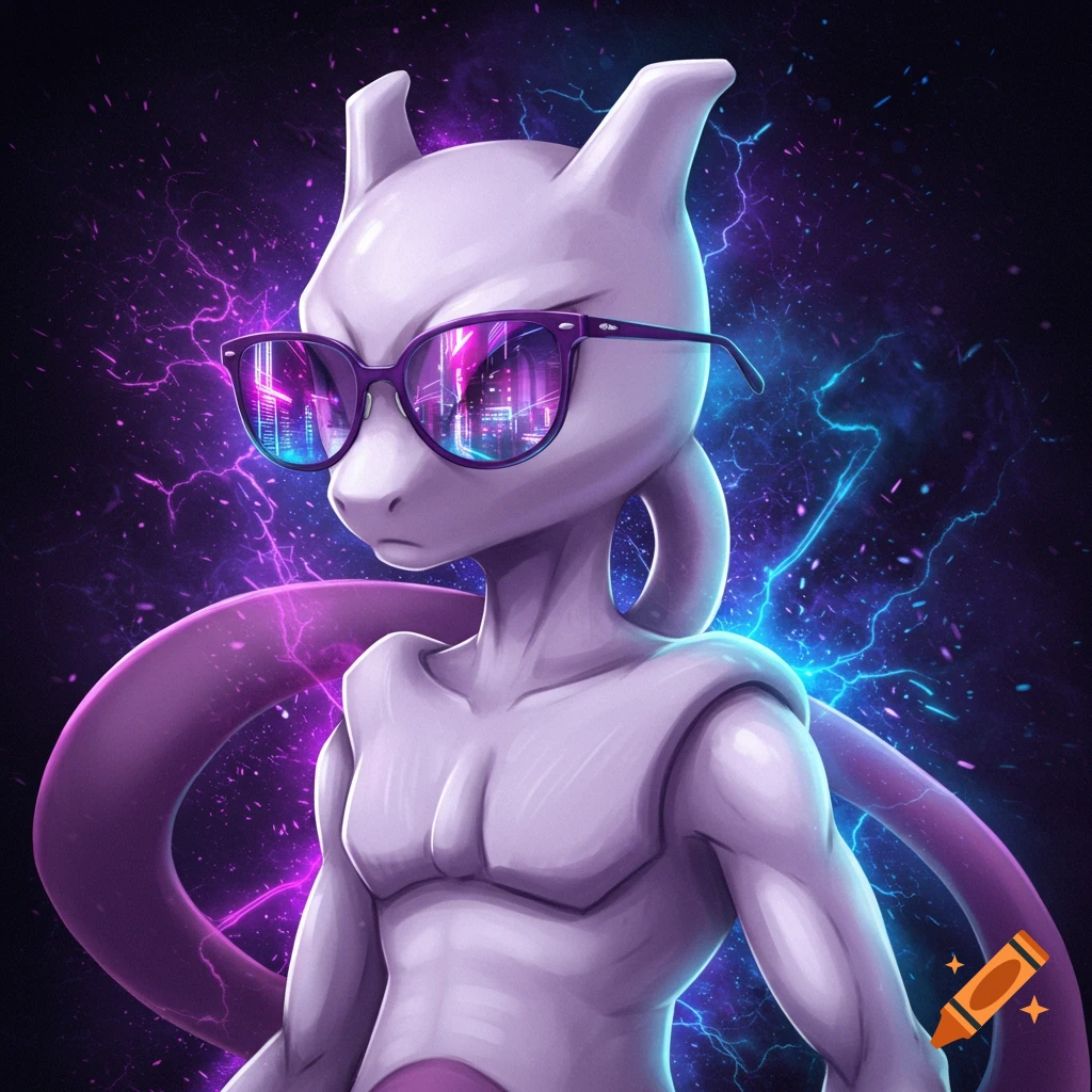 Mewtwo wearing purple pit viper sunglasses against a dark background with purple and blue lightning effects.