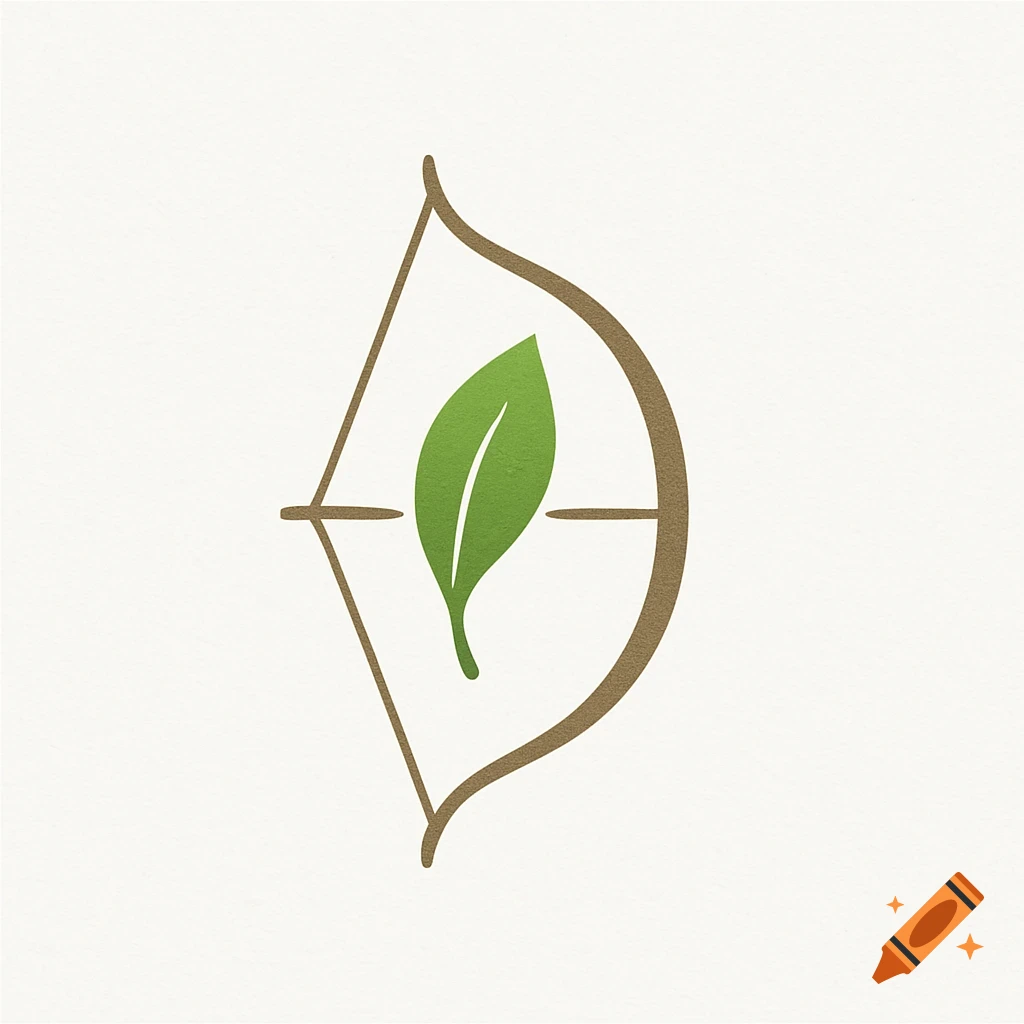A minimalist logo featuring a brown archer's bow with a green leaf in the center.