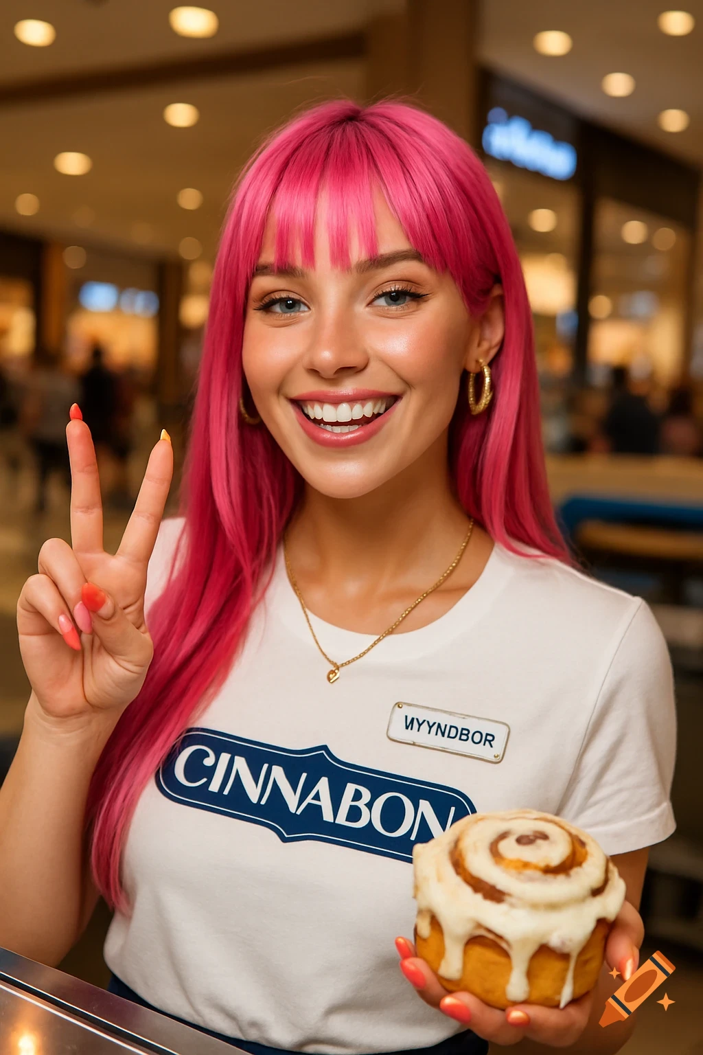 A smiling woman with hot pink hair in a Cinnabon uniform holds a cinnamon roll and makes a peace sign in a mall.