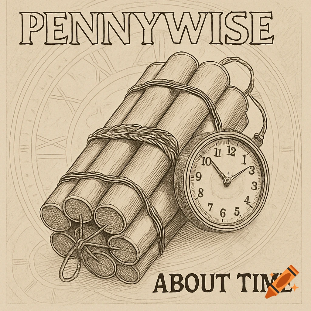 A line drawing of a bundle of dynamite sticks tied with a clock, with the text "PENNYWISE" above and "ABOUT TIME" below.