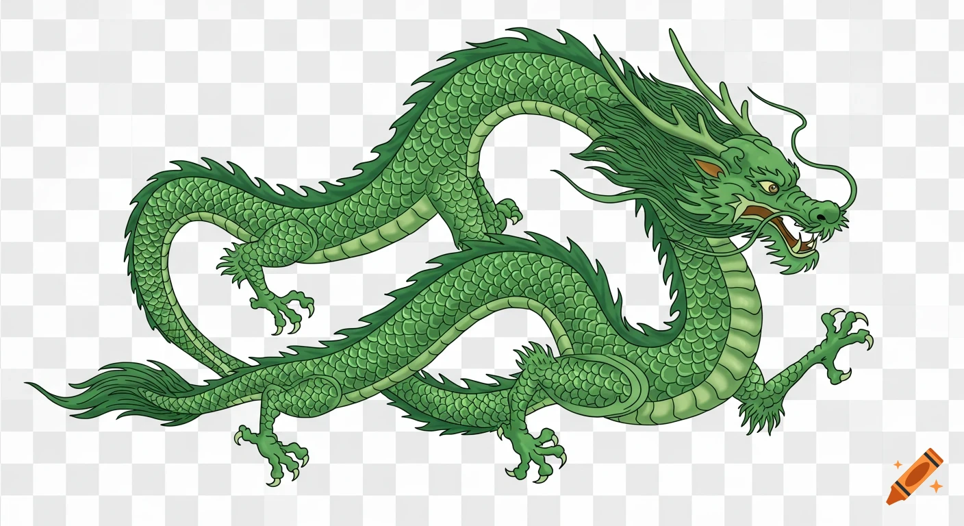 A green Chinese dragon on a transparent background, depicted in a traditional art style.