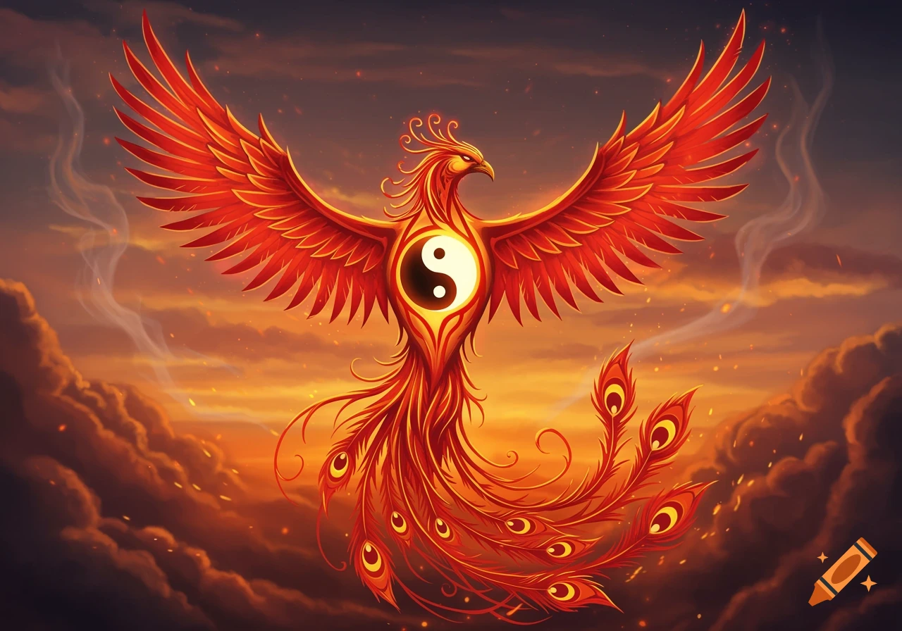 A vibrant, fire-red phoenix with outstretched wings and a prominent yin-yang symbol on its chest, soaring against a fiery, cloudy sunset sky.