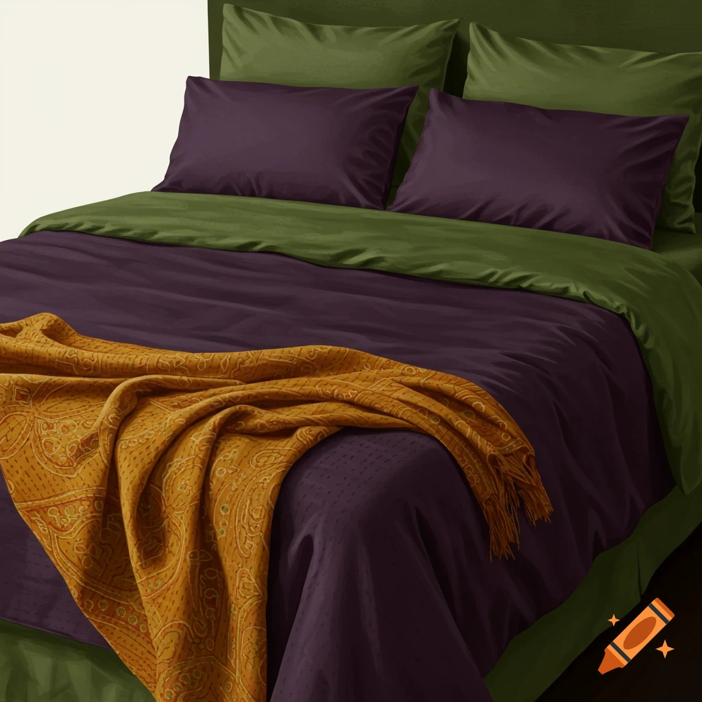 A bed made with deep eggplant purple and olive green linen, topped with a richly textured turmeric-colored kantha throw.