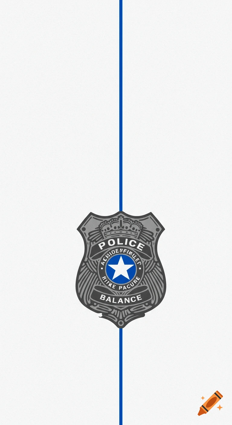 A gray police badge with a blue star in the center, and the words "POLICE" and "BALANCE" visible, on a plain white background with a vertical blue line.