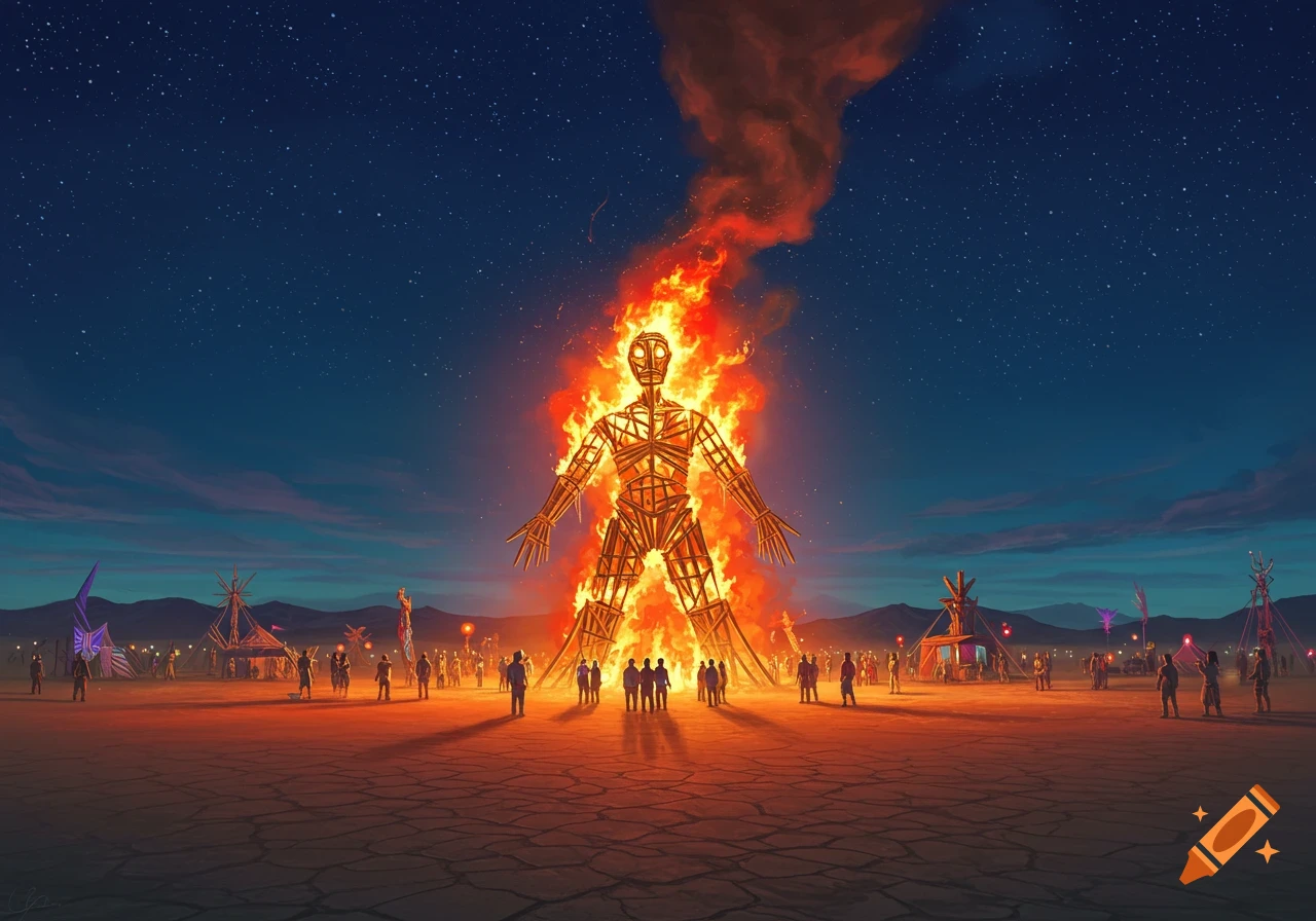 A giant wooden effigy of a man burns brightly in a dark desert landscape under a starry night sky, surrounded by festival-goers.