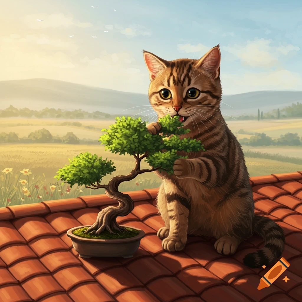 A cute brown tabby cat sits on a red tiled roof, nibbling on a small bonsai tree, against a painted landscape.
