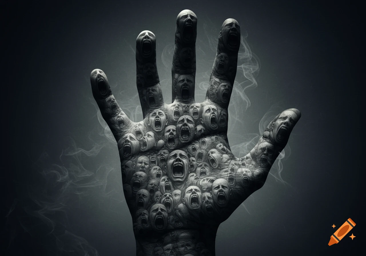 A grayscale image of a human hand composed entirely of numerous screaming faces, set against a smoky dark background.