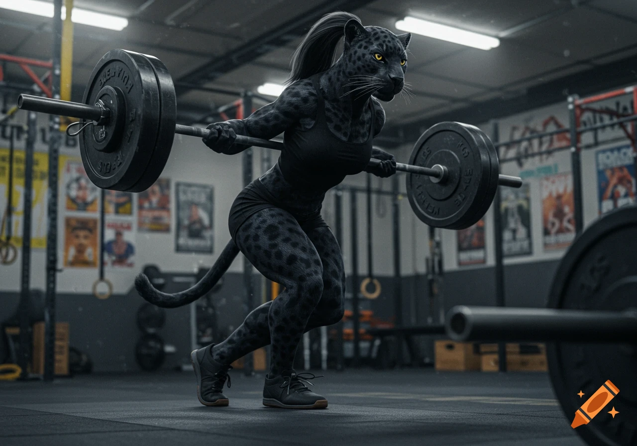 A photorealistic image of an anthropomorphic black panther with a ponytail doing Crossfit squats with a barbell in a gym.