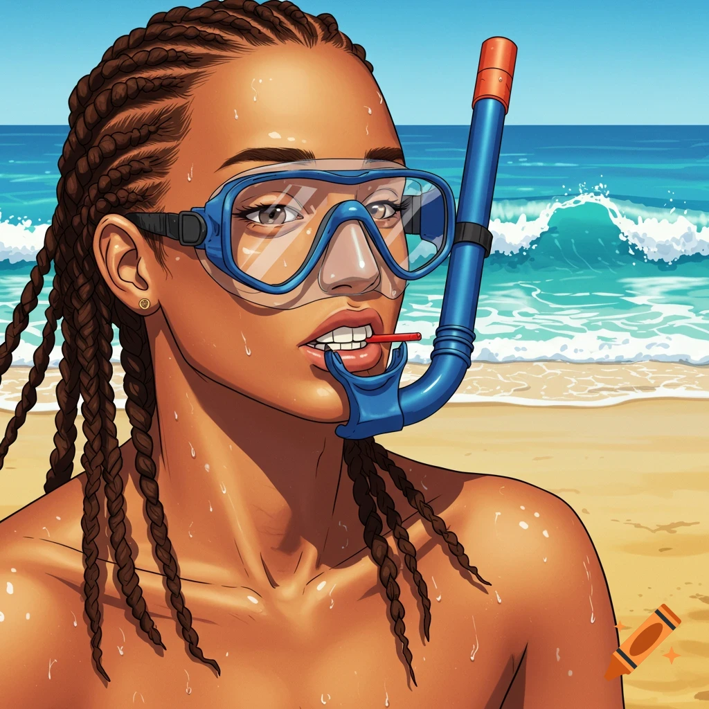 Illustrative close-up of a person with braided hair wearing a blue diving mask and snorkel on a sunny beach.