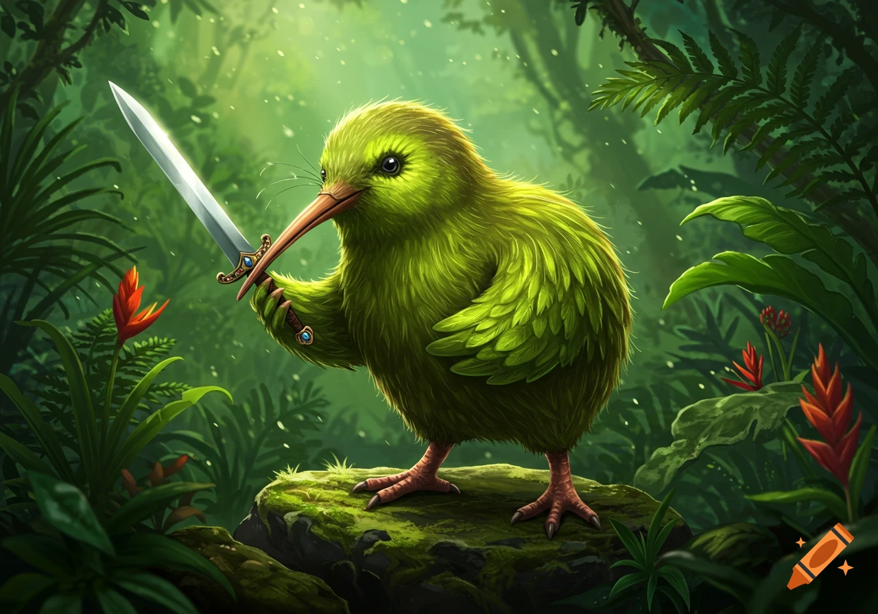 A cute, fluffy green kiwi bird stands on a mossy rock in a lush jungle, holding a silver sword.