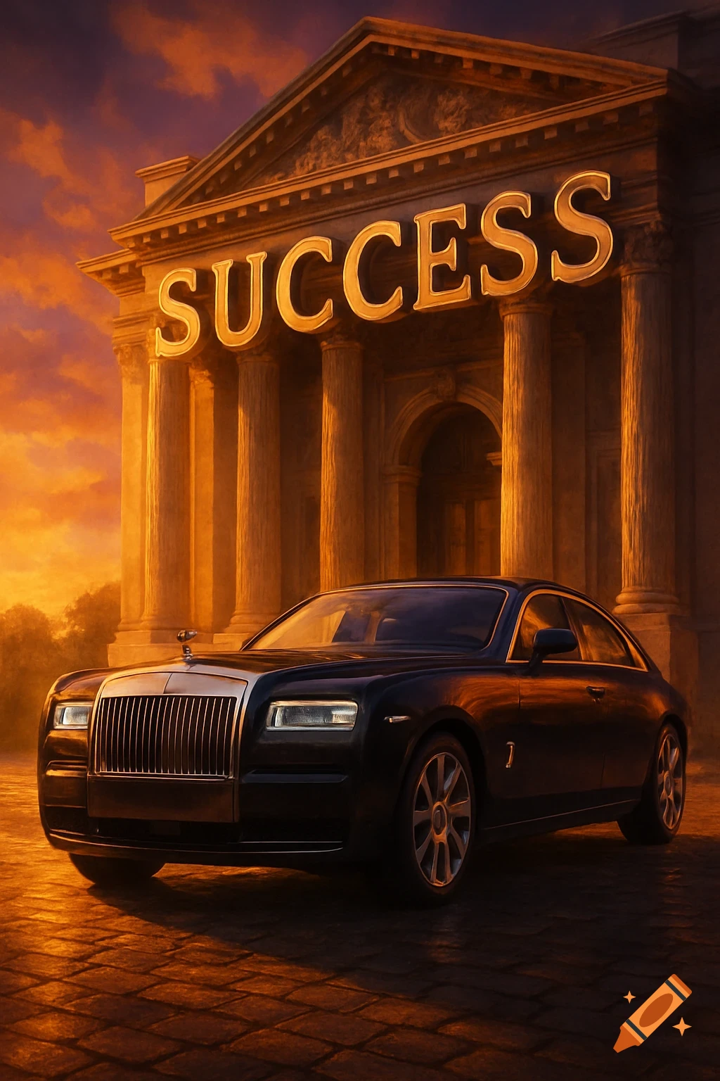 A sleek black Rolls-Royce is parked in front of a grand neoclassical building with the word 'SUCCESS' illuminated above, at sunset.