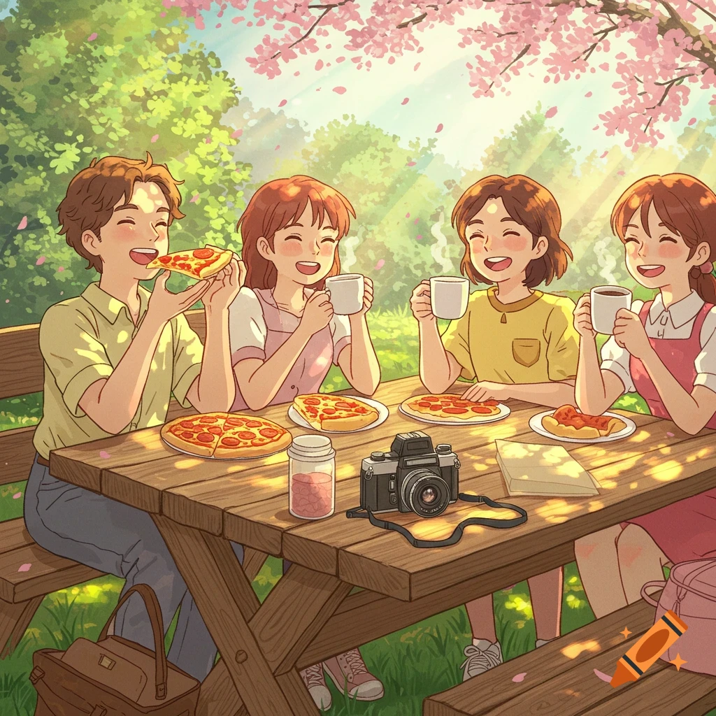 Four smiling people enjoy a picnic with pizza and drinks under cherry blossoms in a Ghibli-style illustration.