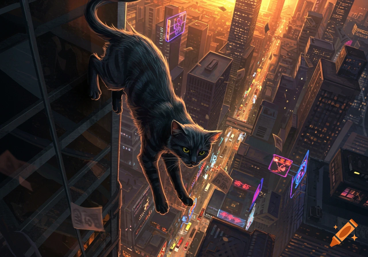 A black cat clings to the side of a tall skyscraper, looking down at a vibrant, neon-lit cyberpunk city at sunset.