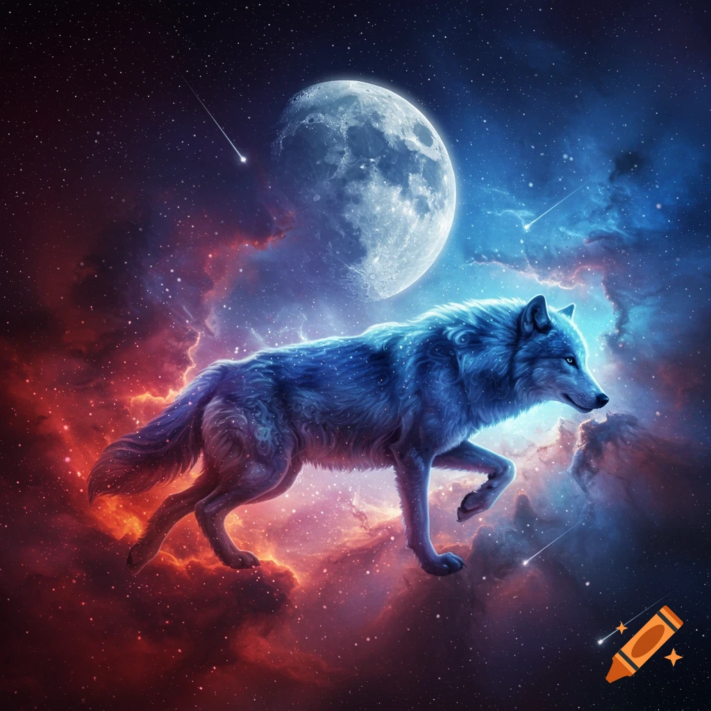 A blue wolf with stars on its fur walks through a red and blue nebula, with a large moon and shooting stars in the cosmic background.