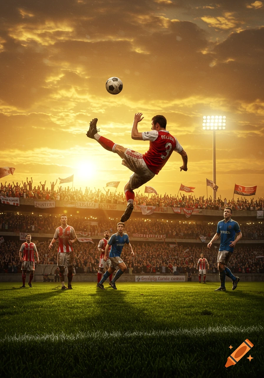 A photorealistic image of a football player mid-air, kicking a soccer ball against a dramatic sunset sky in a stadium.