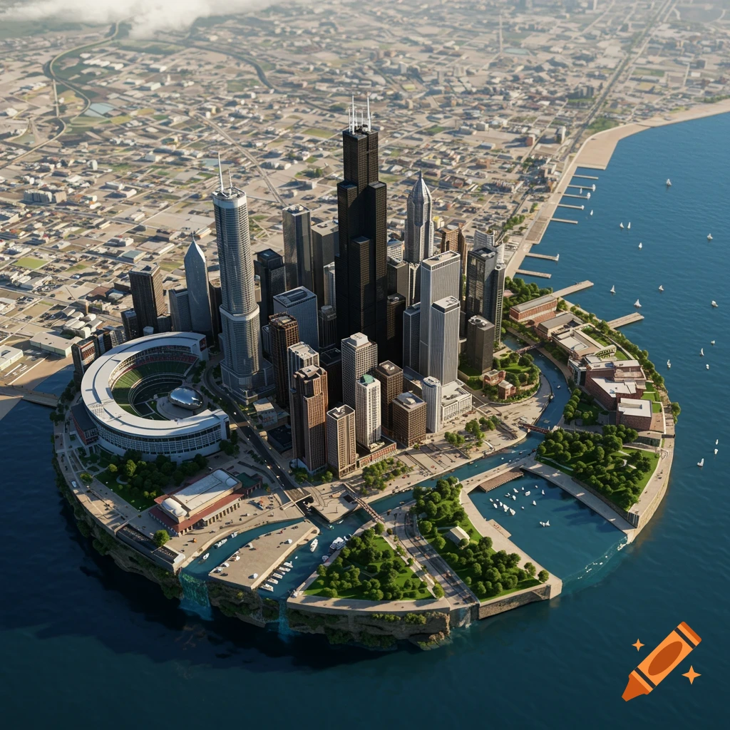 Aerial view of a photorealistic miniature diorama of Chicago city with skyscrapers, a stadium, river, and lake on a circular island.