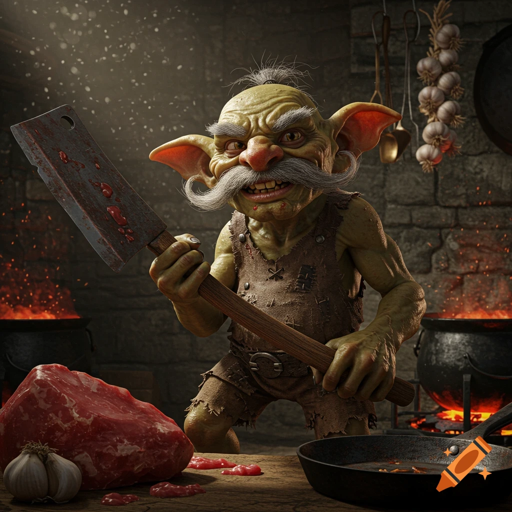 A realistic-style goblin with a mustache holds a bloody meat cleaver in a dimly lit kitchen with raw meat.