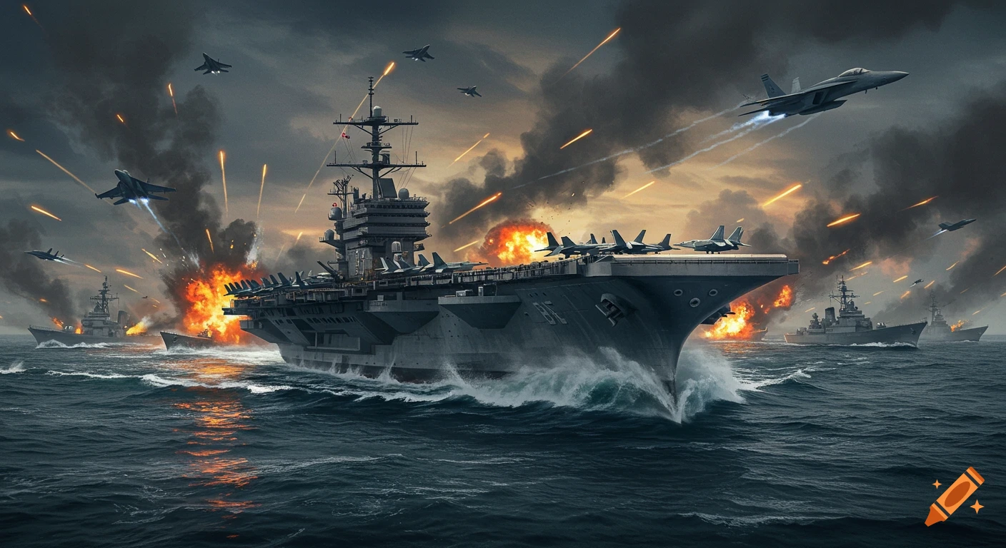 A massive US aircraft carrier is caught in a fierce naval battle with explosions, missile trails, and fighter jets flying overhead in a dark, smokey sky.