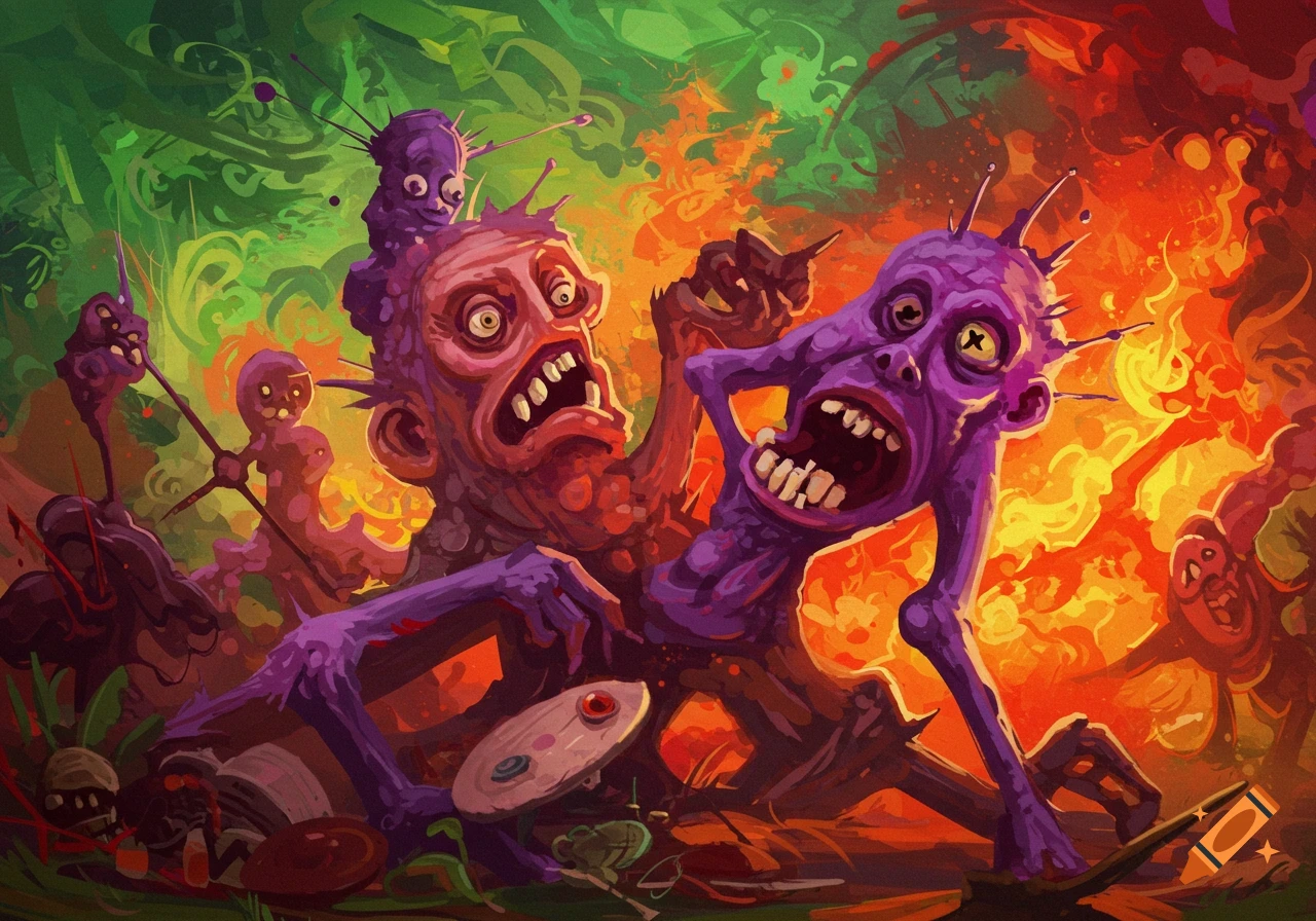Vibrantly colored illustration of two grotesque, screaming monstrous figures with bulging eyes and spiky protrusions, against a background of green and orange flames.