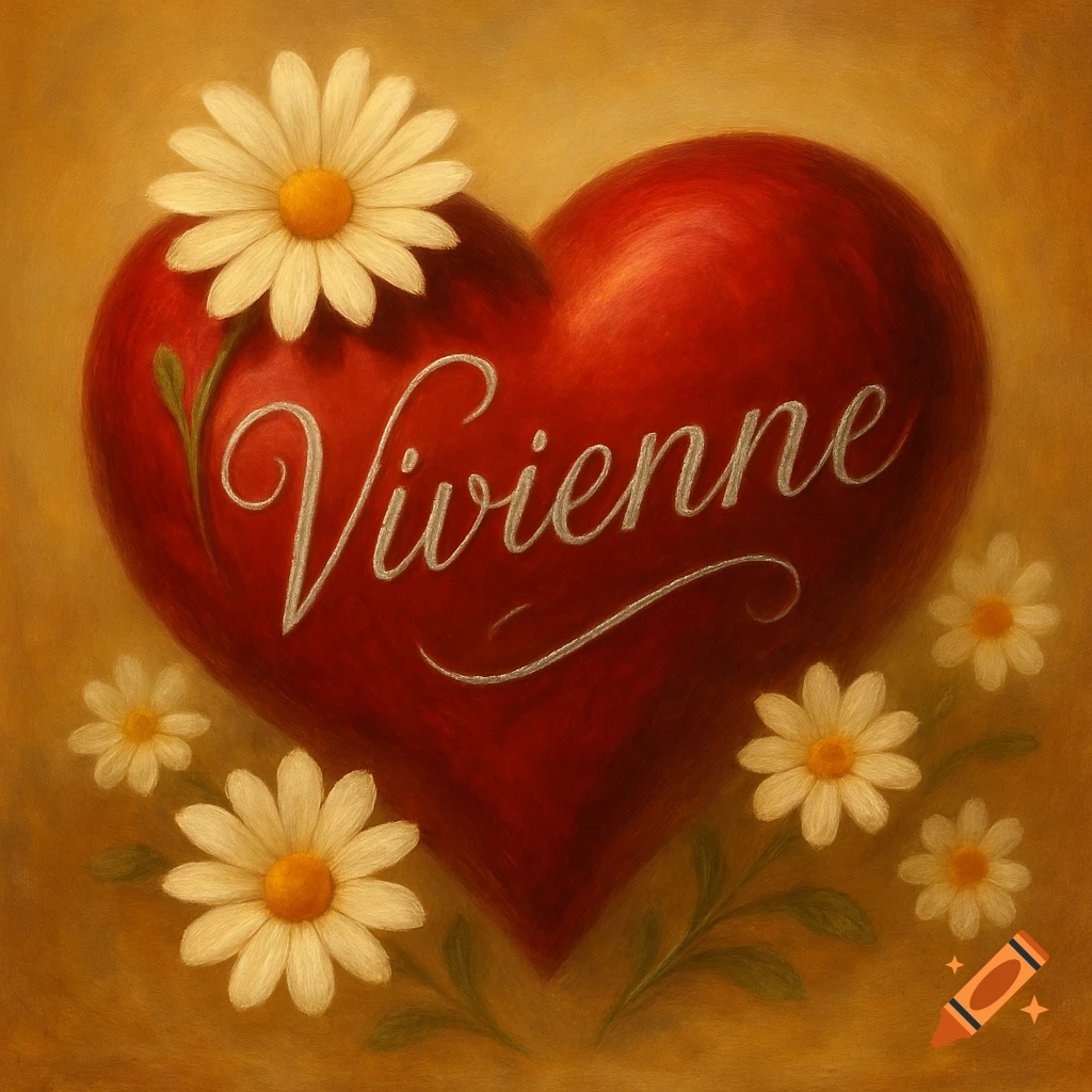 A vibrant red heart with the name Vivienne written in elegant white cursive, surrounded by white daisies and green leaves on a warm, painterly background.
