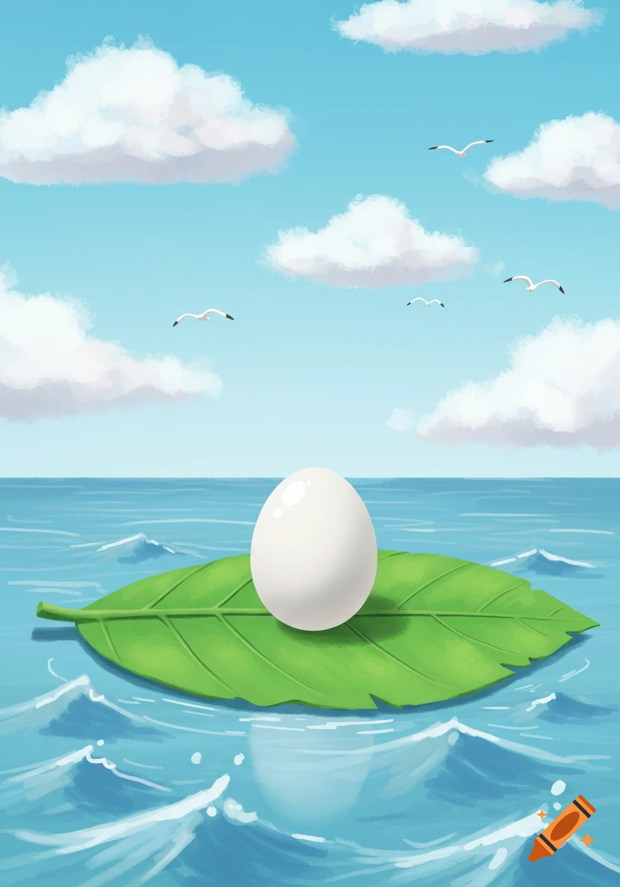 A cartoon image of a small white egg floating on a green leaf in the blue ocean under a sky with clouds and seagulls.