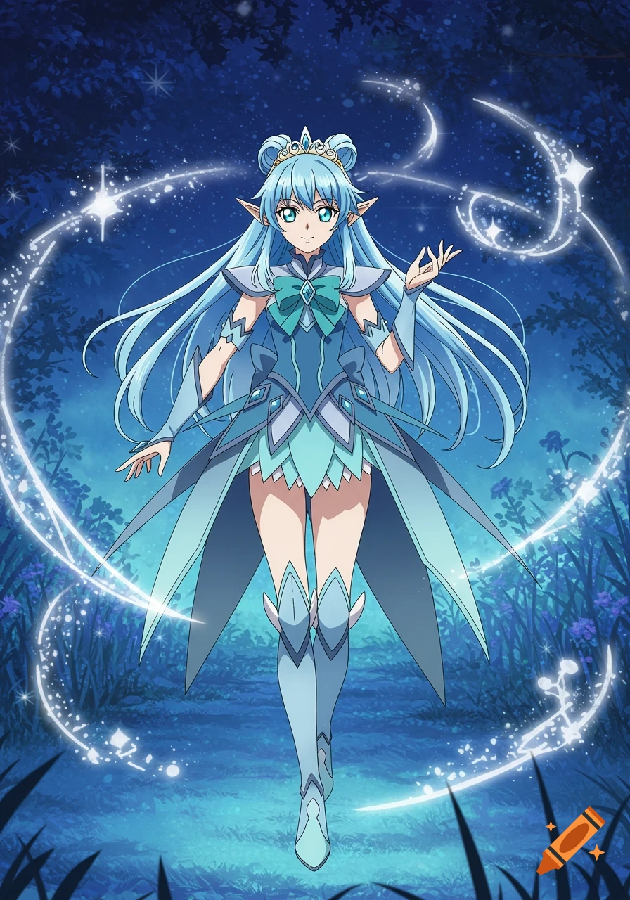 An anime magical girl with long light blue hair and elf ears, wearing a blue and teal outfit, stands in a glowing magical forest.