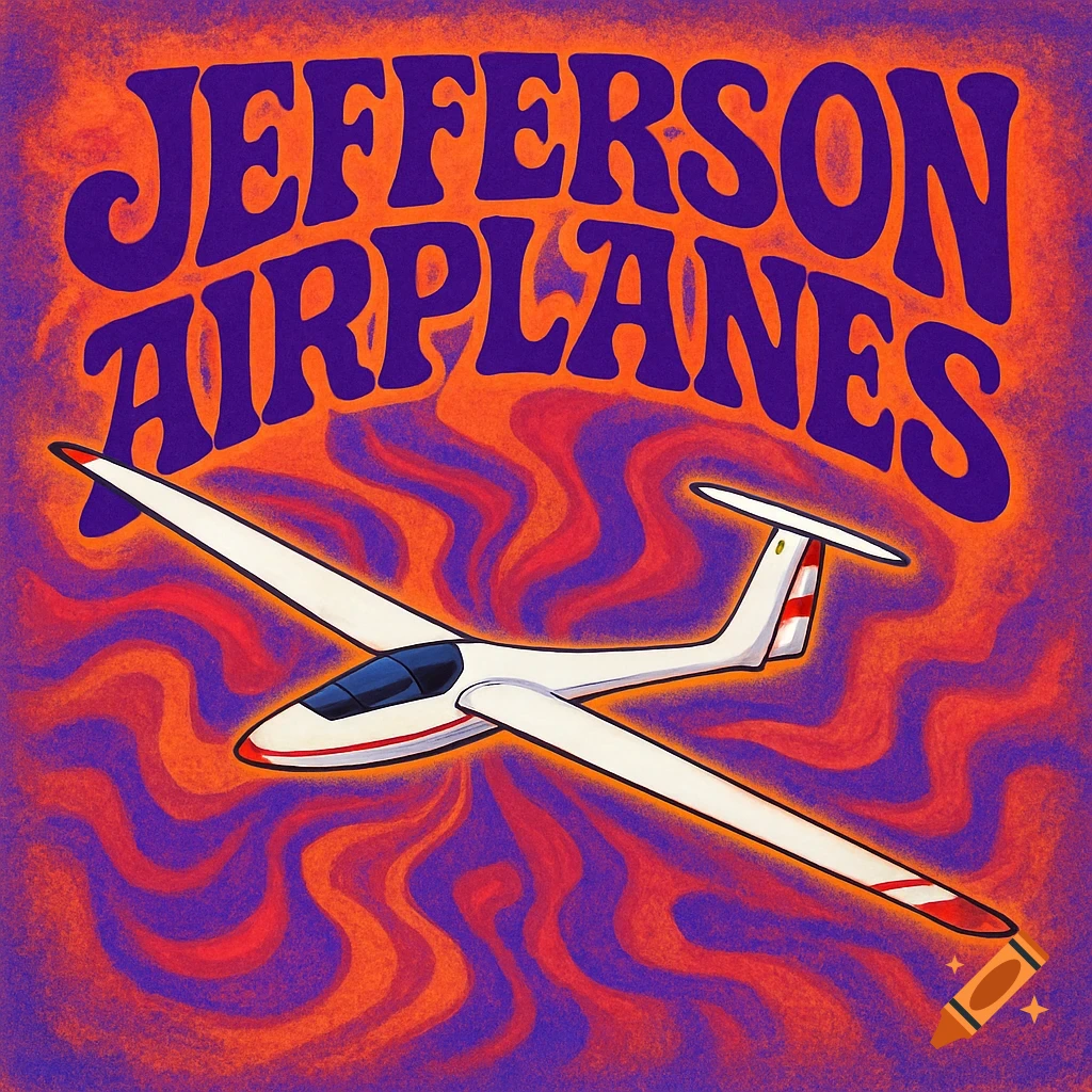 A psychedelic illustration of a white glider with red stripes against a vibrant orange and purple wavy background. The text 'JEFFERSON AIRPLANES' is boldly displayed in purple wavy font above the glider.
