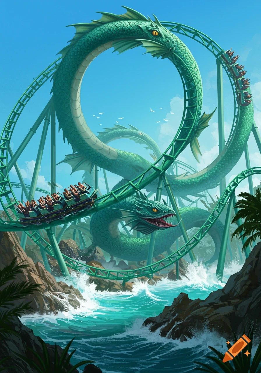 A vibrant illustration of a green sea serpent roller coaster looping over rocky ocean waves with riders. The serpentine track creates a double loop under a blue sky.