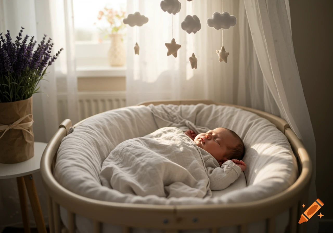 A sleeping baby swaddled in a white blanket in a bassinet, with a cloud and star mobile above, in a sunlit nursery.