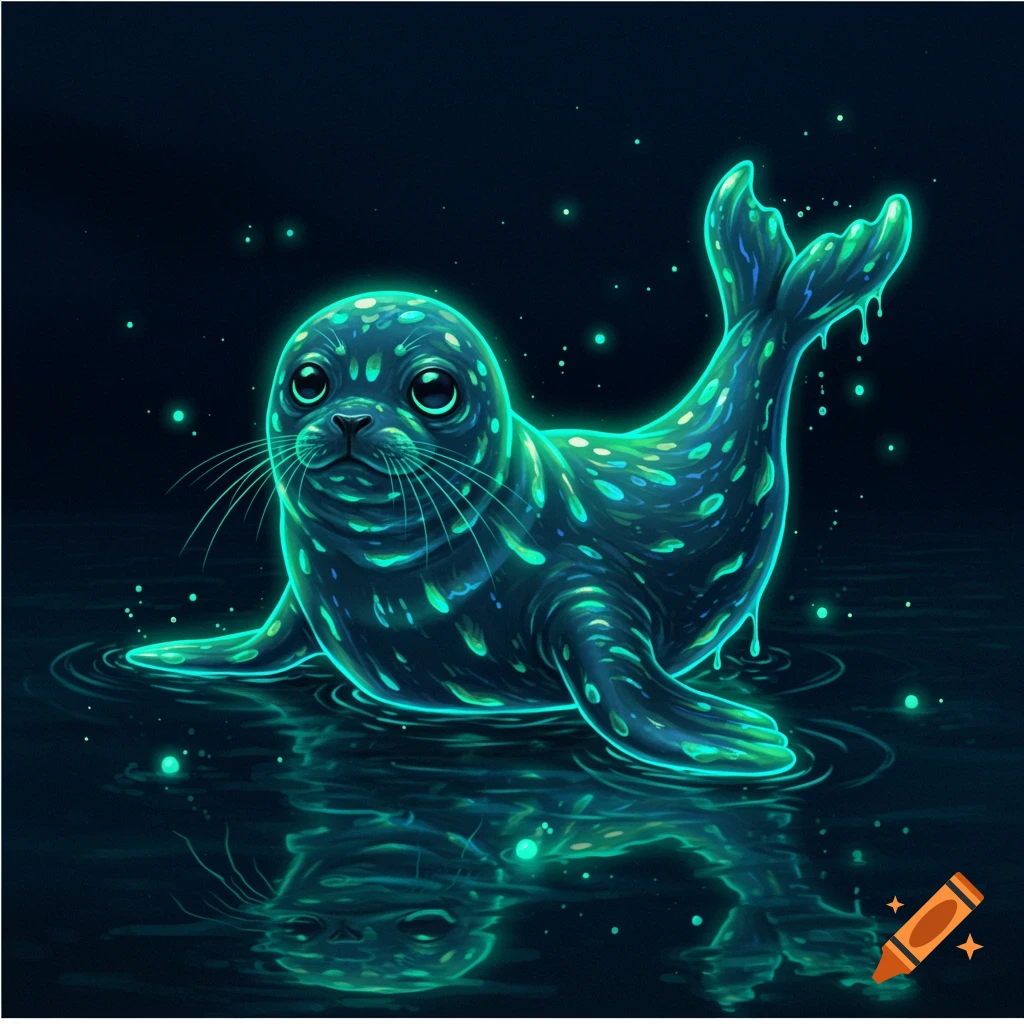 A glowing, bioluminescent seal in dark water with reflections.