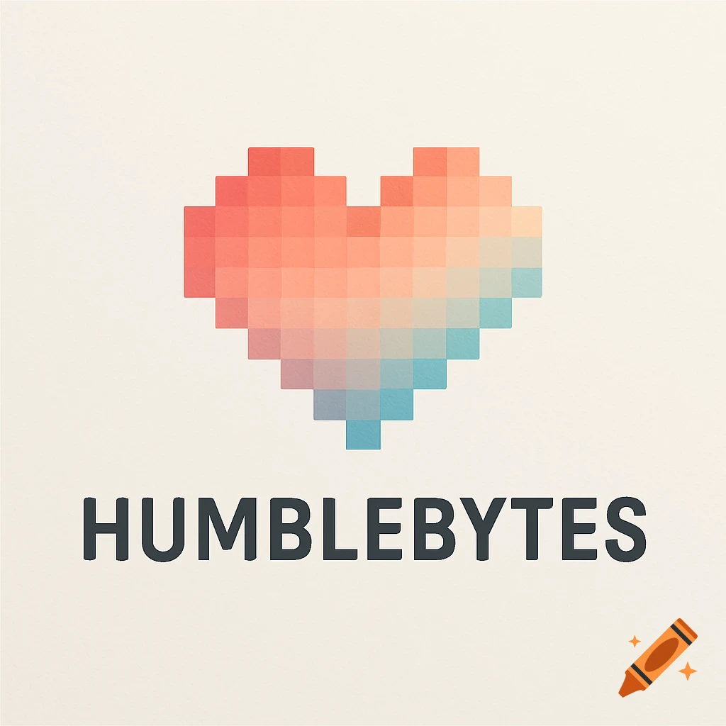 A pixelated heart in shades of red, orange, and blue above the word HUMBLEBYTES.