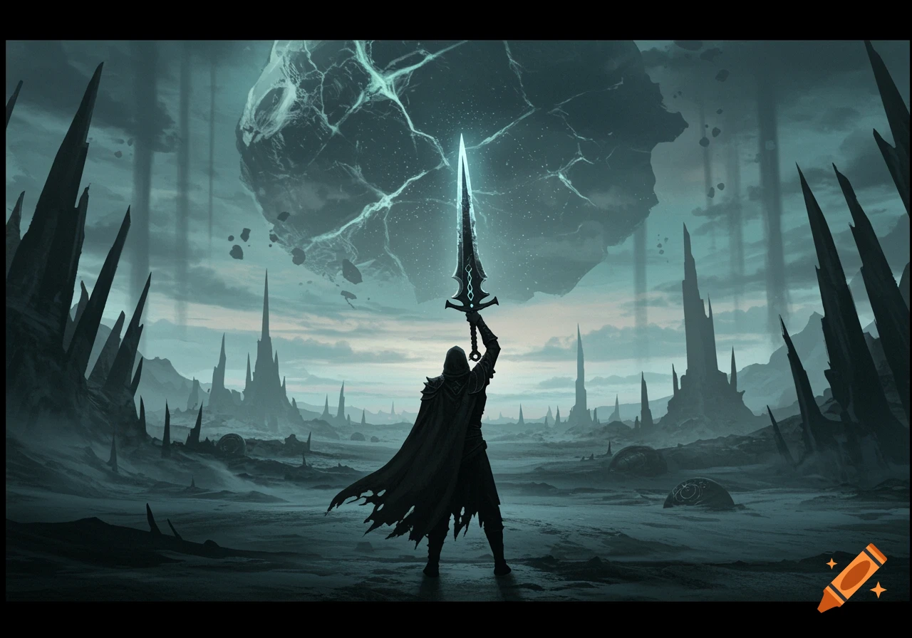 A lone robed figure holds a glowing sword aloft, facing a massive cracked meteor in a desolate landscape of dark spires under a cloudy sky.