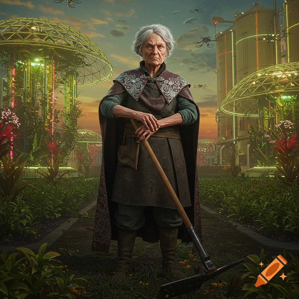 A realistic portrait of an old, stern-faced woman with grey hair, dressed in a cloak and holding a pickaxe, standing in a futuristic garden with glowing domes and buildings at sunset.