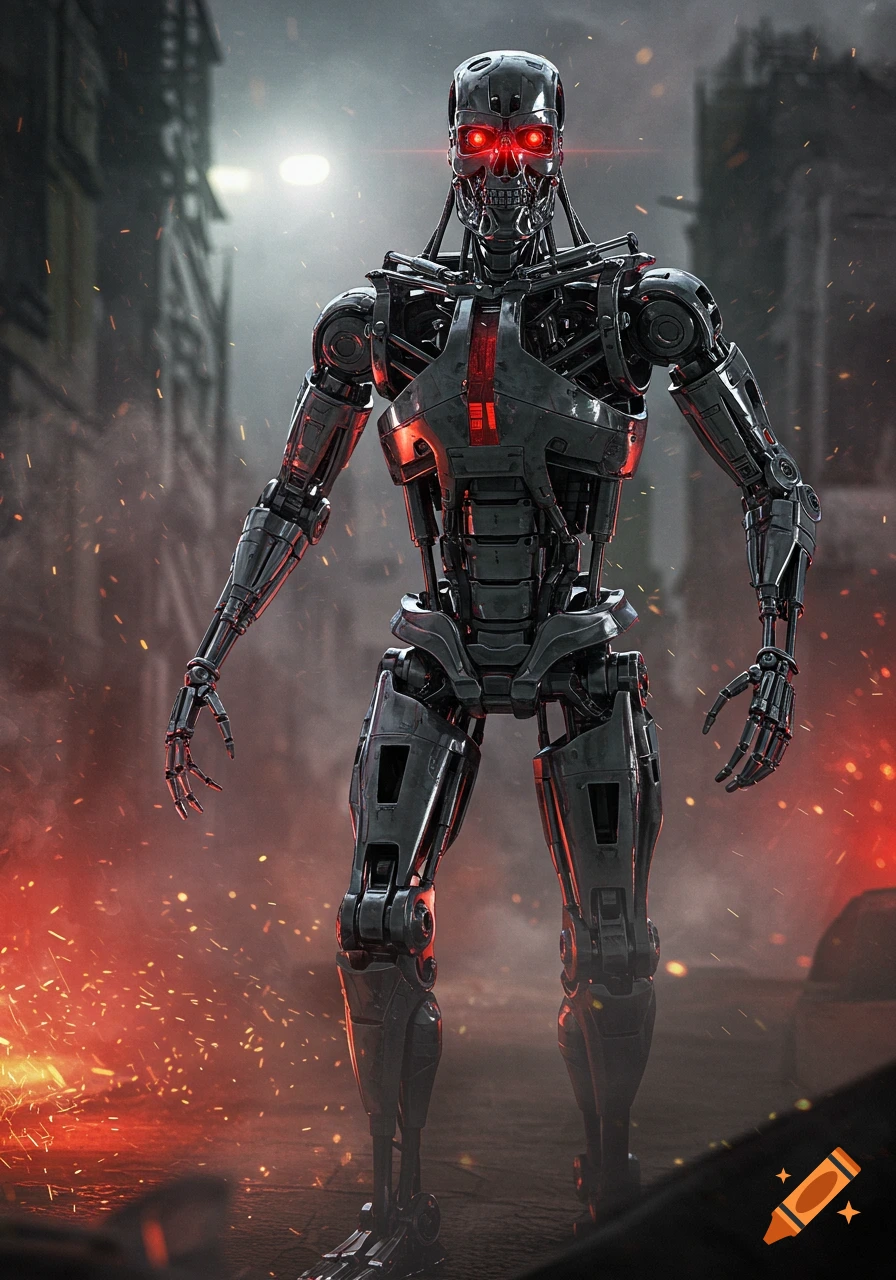 A metallic, skeletal robot with glowing red eyes stands in a dark, smoky, post-apocalyptic cityscape with embers.
