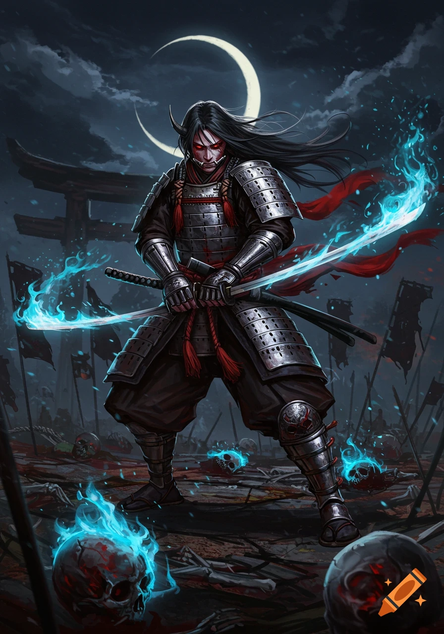 A horned, long-haired samurai with red eyes stands on a dark battlefield with glowing skulls, holding a glowing katana under a crescent moon.
