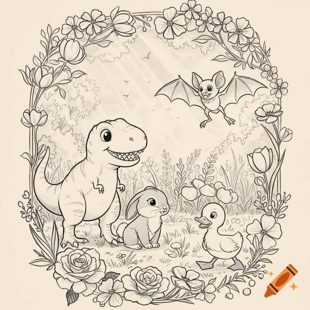 Black and white cartoon outline of a T-Rex, bunny, duckling, and bat playing in a floral nature scene with sunlight.