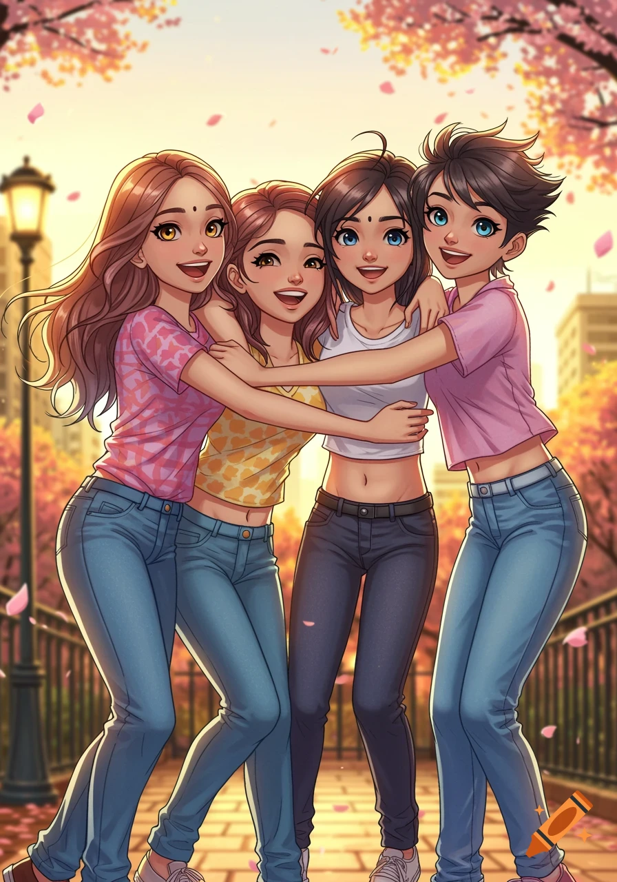 Four happy anime girls hugging each other on a sunny autumn day with falling leaves.