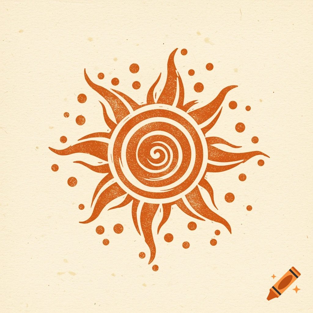 Stylized orange sun with a spiral center and flame-like rays on a textured cream background, in a woodcut style.