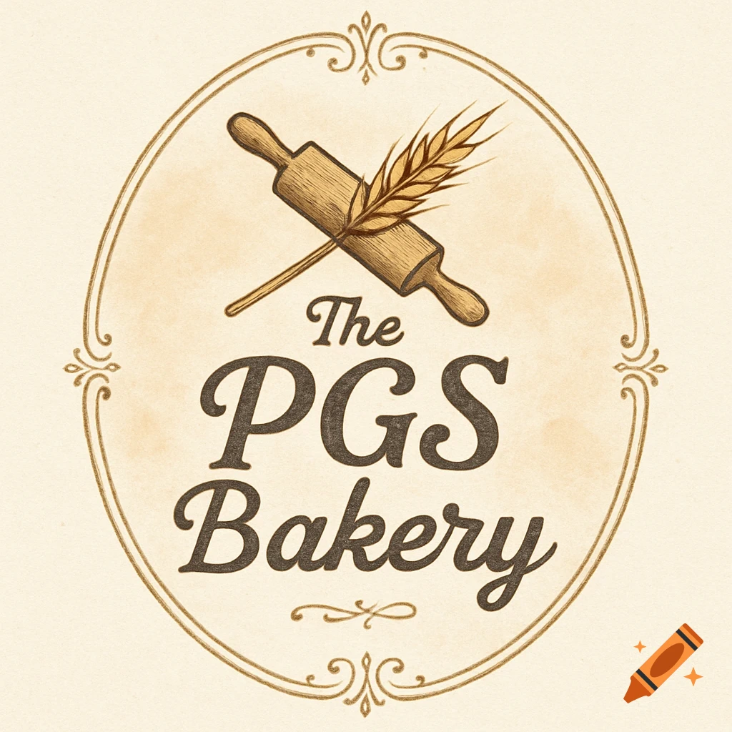 Vintage style logo for The PGS Bakery with a rolling pin and wheat in an oval frame.