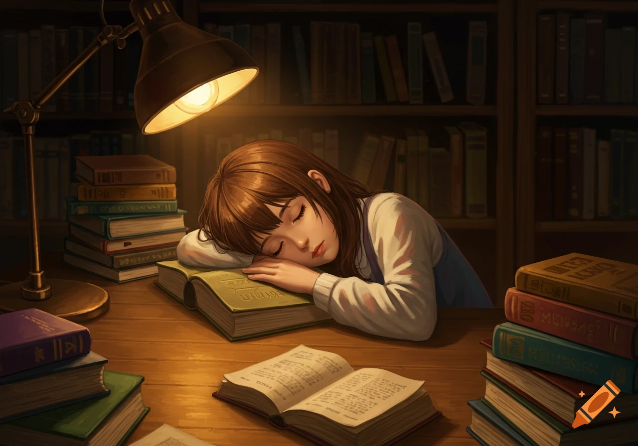 Anime illustration of a brown-haired girl sleeping on a book at a wooden desk under a lamp, surrounded by stacks of books.